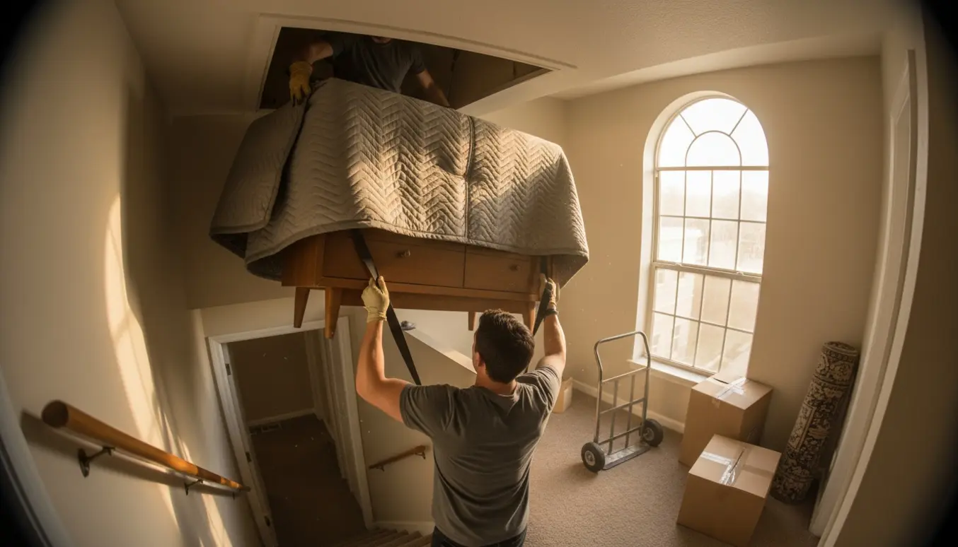 To personer bærer et tæppeindpakket skab ned ad en smal trappe fra et loft til en lejlighed.