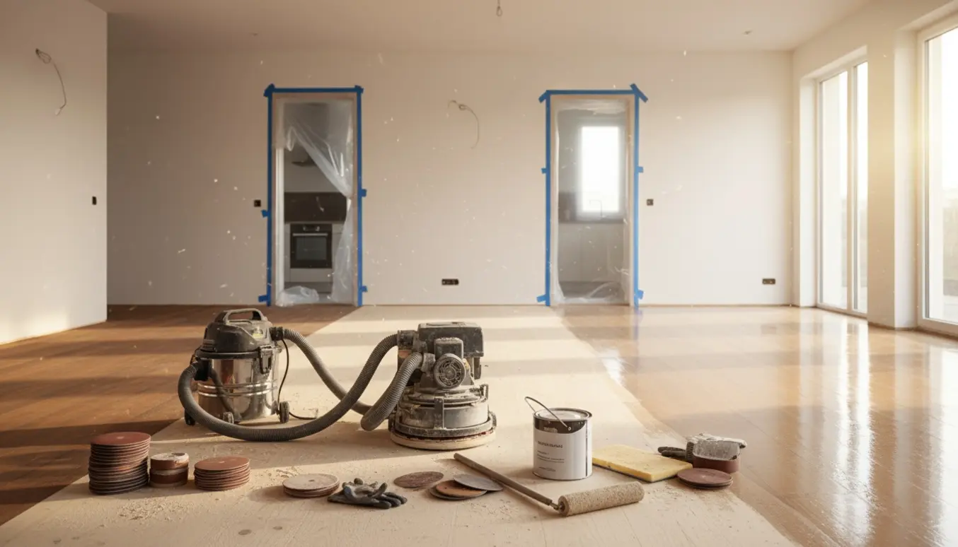 Åben stue med gulvsliber, støvsugeudstyr og trægulv vist i slidt, slebet og nylakeret tilstand.