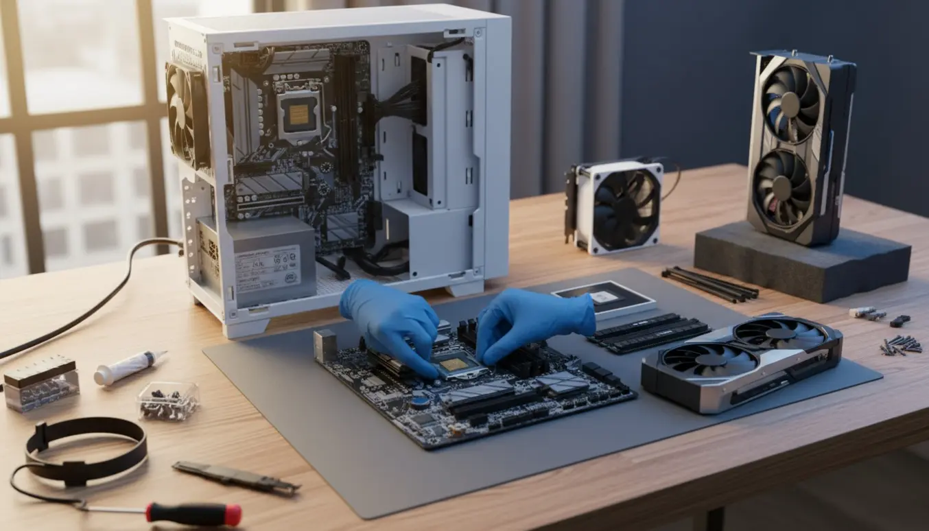 Åben hvid gaming-pc på et bord med bundkort, CPU, RAM, GPU og værktøj klar til samling.