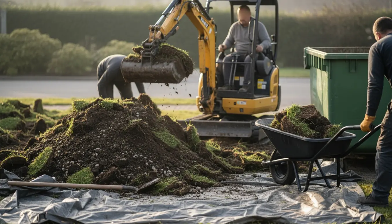 Mini-graver læsser en stor bunke jord og græstørv i en åben container på en haveplads.