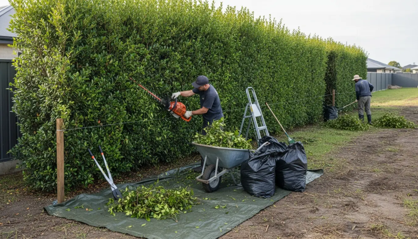 Lang grøn hæk under professionel beskæring med værktøj og opsamlede afklip.