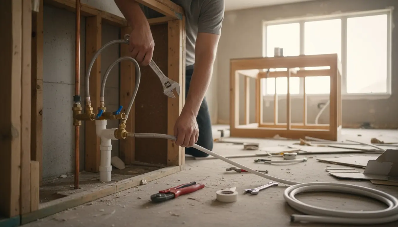 VVS'er flytter vandrør til en ny køkkenø under renovering, set fra arbejdsområdet uden klare ansigter.