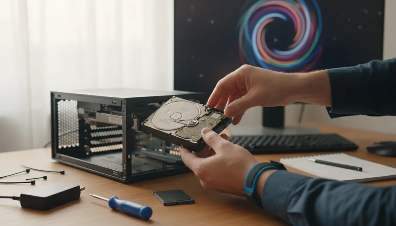 Hænder tager en mekanisk harddisk ud af en åben pc for at fejlsøge langsom opstart.