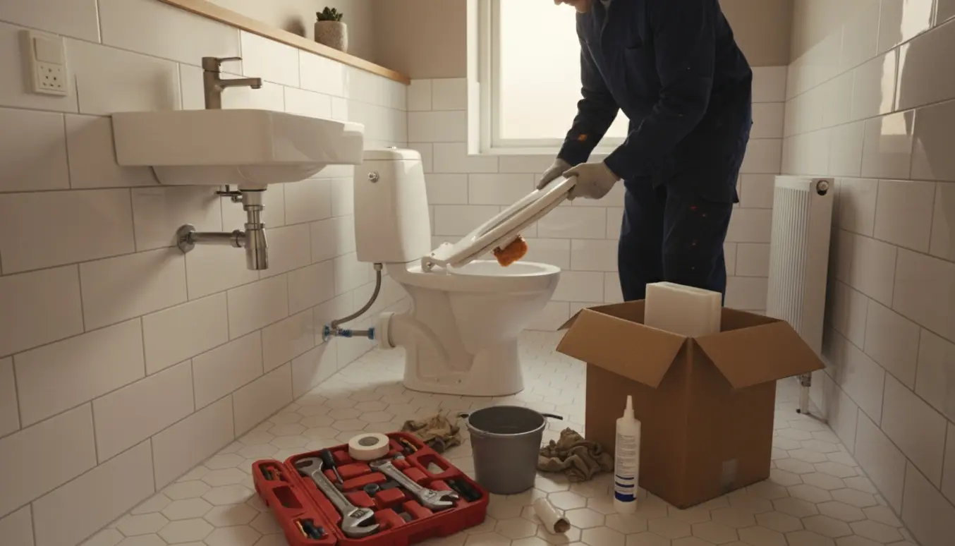 Udskiftning af et gulvstående toilet i et lille københavnerbadeværelse med nyt toilet klar ved siden af.