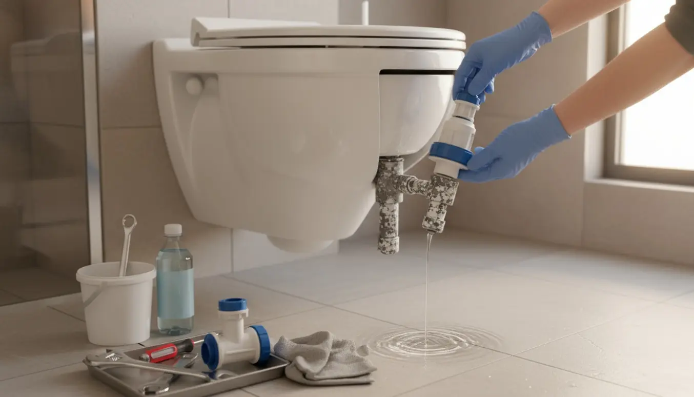 Væghængt toilet med åben indbygget cisterne, kalkaflejringer og reservedele klar til udskiftning.