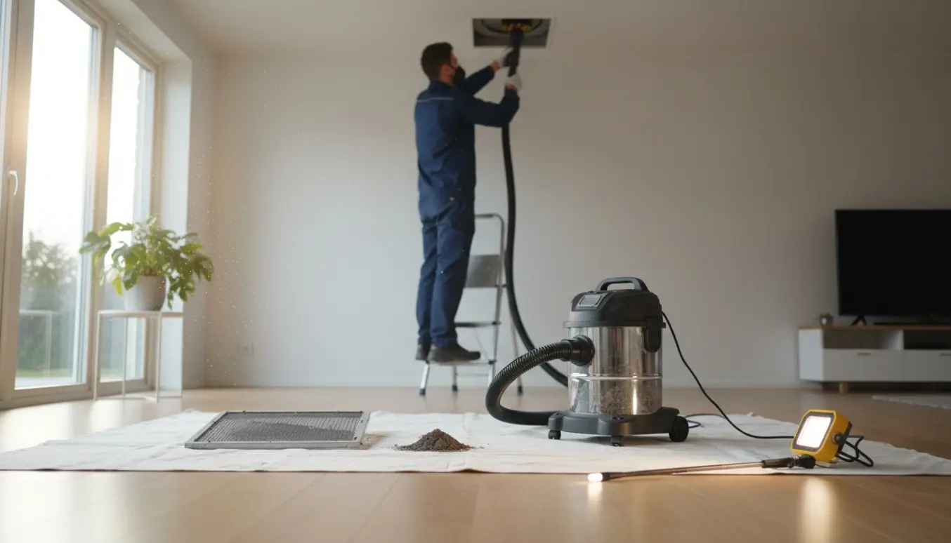 Tekniker renser ventilationskanal i rækkehus med støvsuger og værktøj, set bagfra.