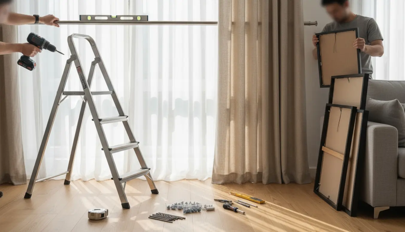 Hænder hænger gardiner og billedrammer op i et solbelyst, moderne stue.