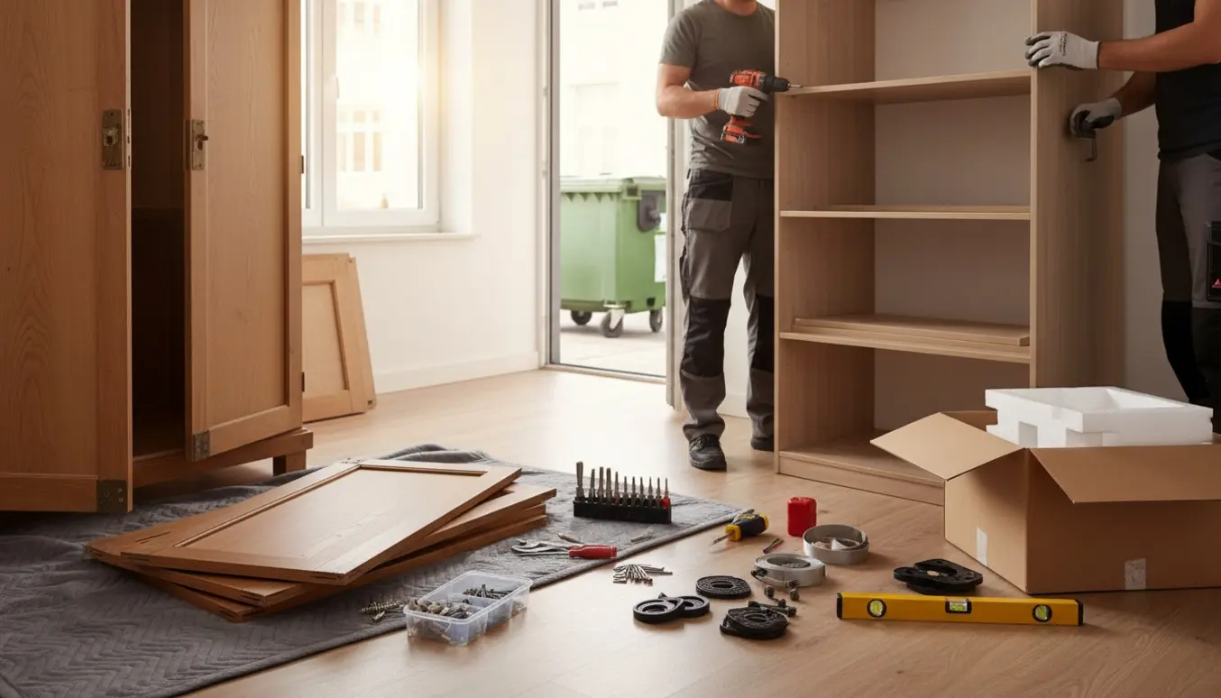 Halvt nedtaget gammelt garderobeskab i en sollys lejlighed, mens et nyt fladpakket garderobeskab samles med værktøj og flytteudstyr.