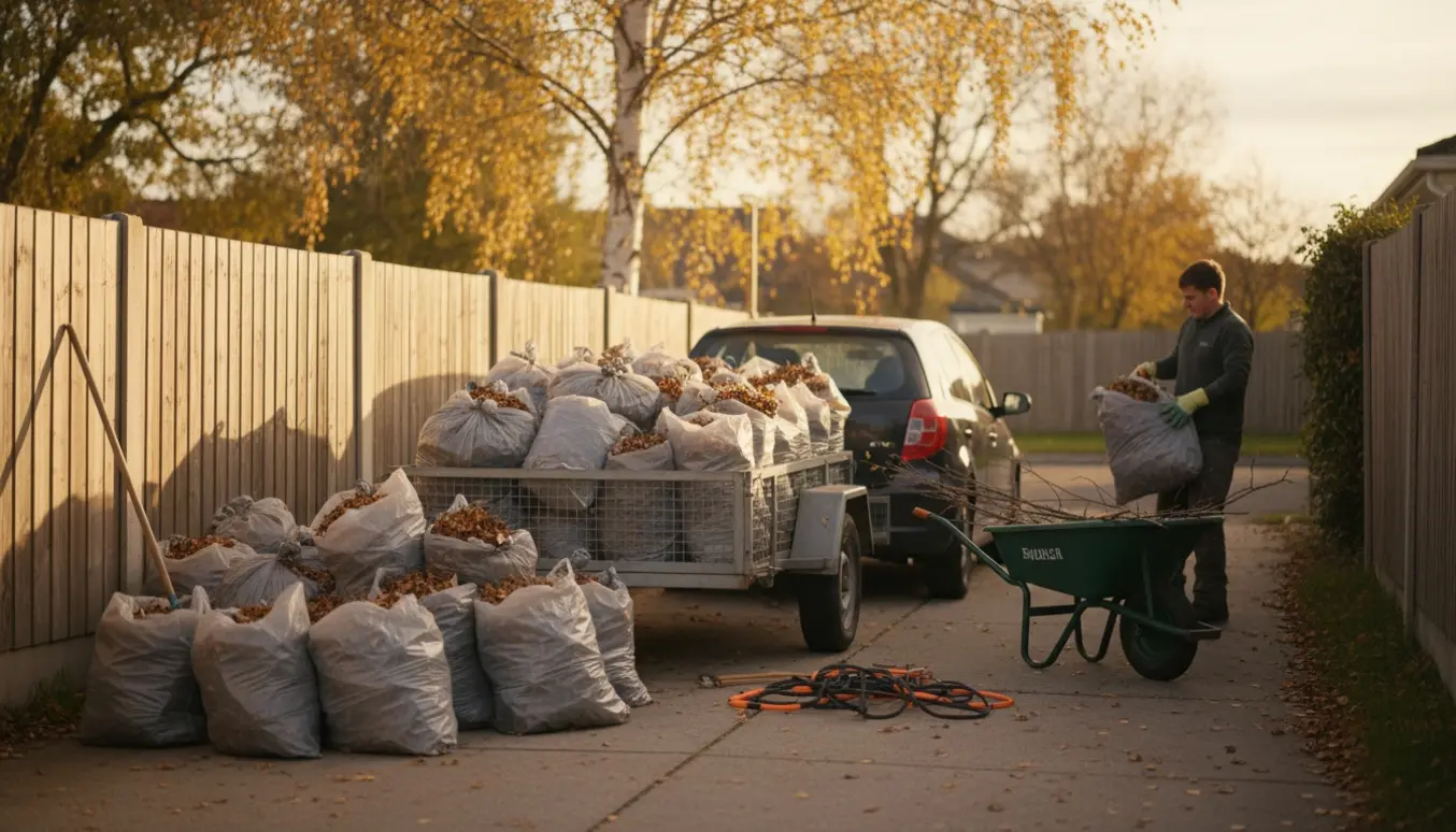 Halvfyldte sække med blade og birkekviste læsses op på en trailer på indkørslen.