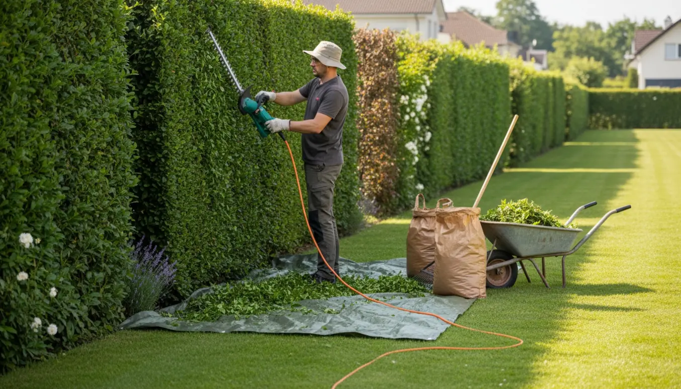 Person klipper en ligusterhæk og samler afklip i en trillebør i en solrig have.