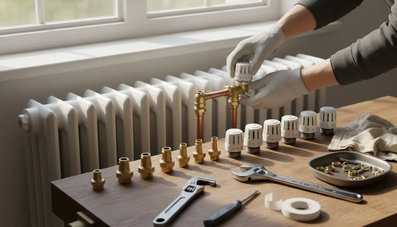 Nærbillede af hænder, der udskifter termostathoveder og ventiler på en radiator med værktøj og reservedele på et bord.