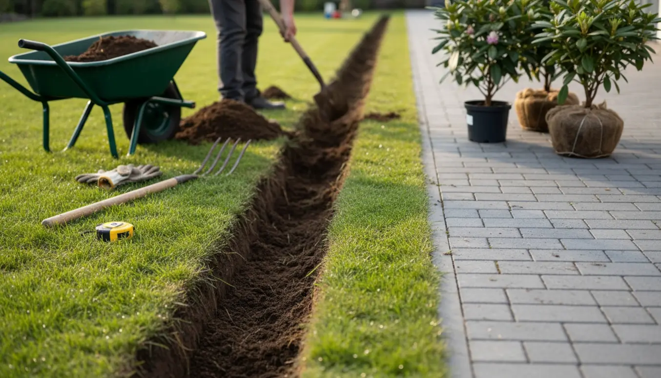 Friskgravet aflangt bed langs fliseindkørsel med spade, trillebør og potte‑rhododendron klar til plantning.