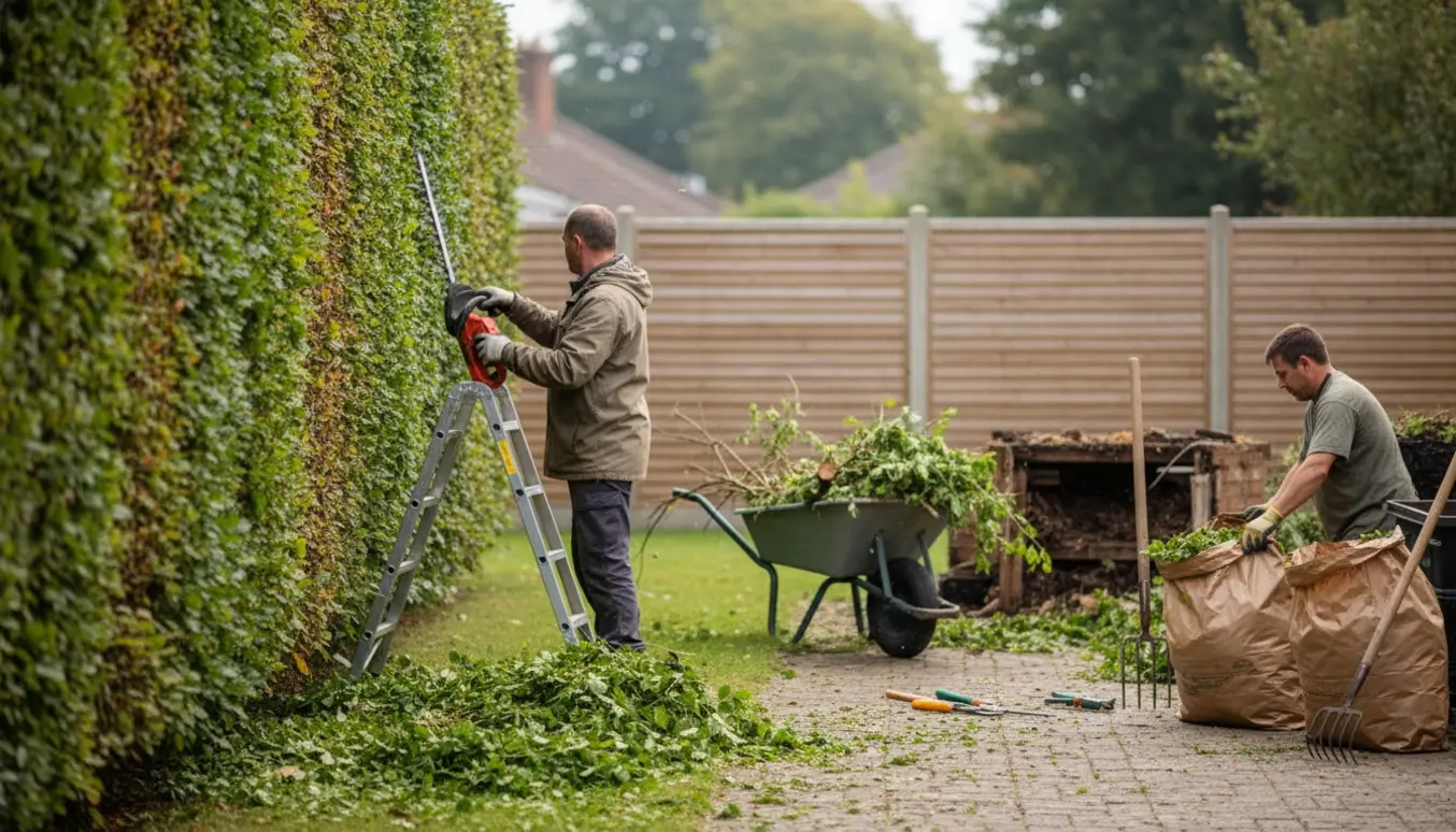 Høj bøgehæk klippes ned, med friske hækafskårne samlet i trillebør og haveaffaldsposer klar til fjernelse.