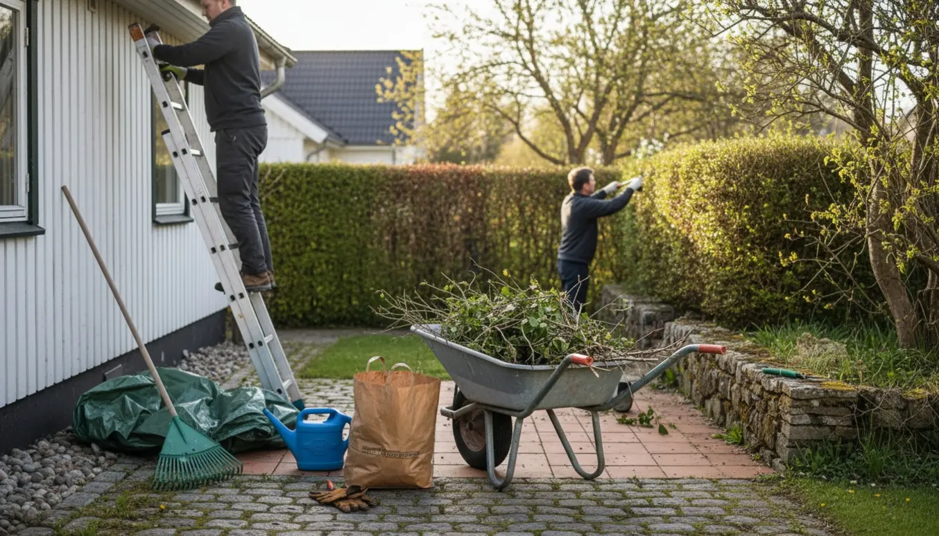 Forhave i forårsrengøring med person på stige, trillebør fyldt med afklip og almindelige haveredskaber.