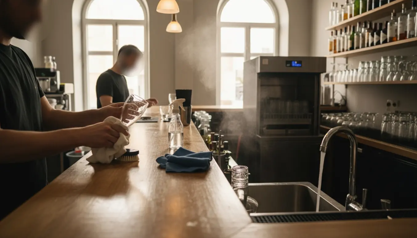 Rengøring af en bar på Østerbro med klude, moppe og rene glas på bardisken.