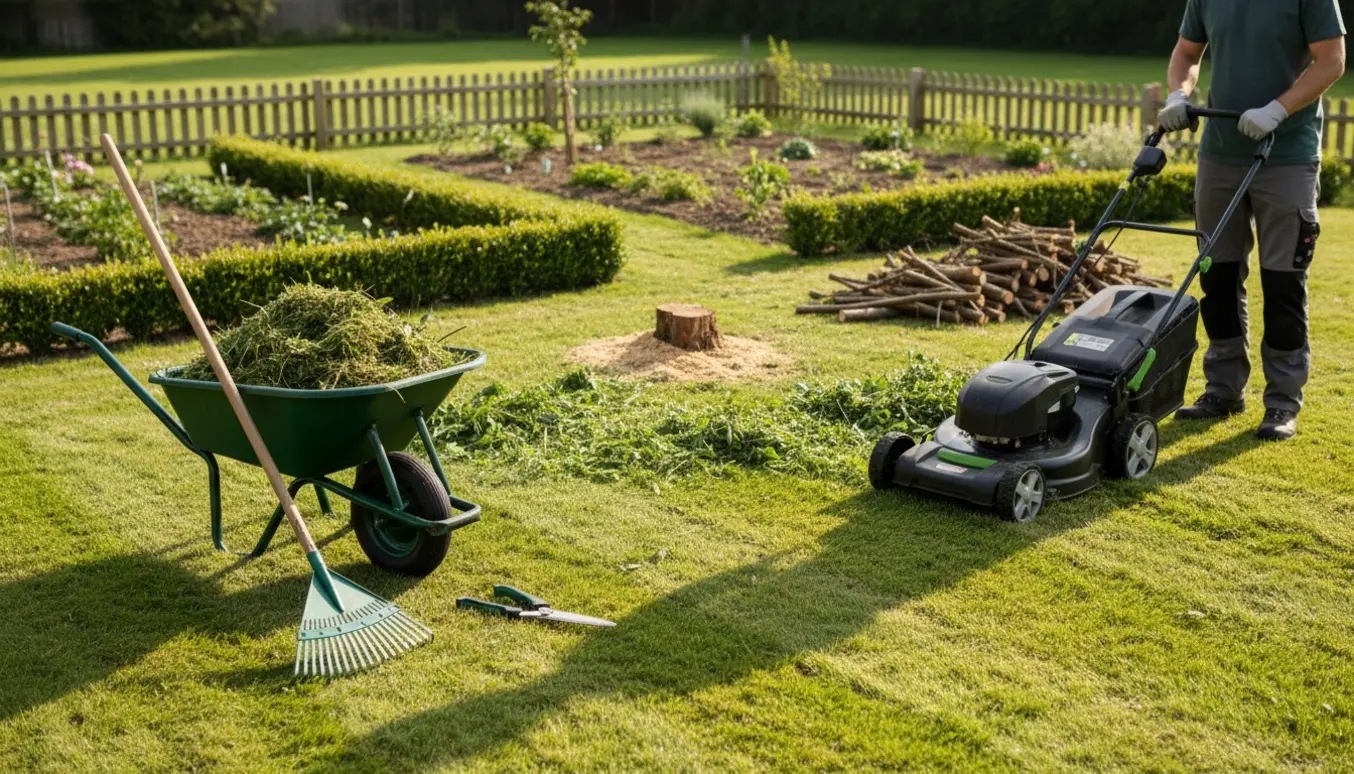 Græsslåning og oprydning i have med plæneklipper, trillebør fyldt med græs og nystrimmede hække.