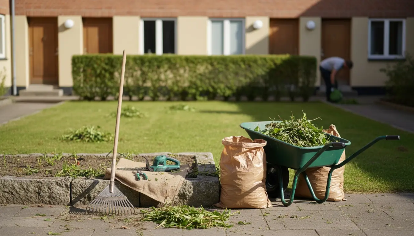 Fælleshave foran andelsbygning med redskaber, nyslået lav hæk og bunke ukrudt klar til bortskaffelse.