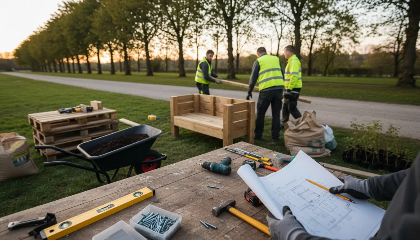 Nærbillede af arbejdshænder og værktøj på en lodseplads med frivillige i baggrunden.