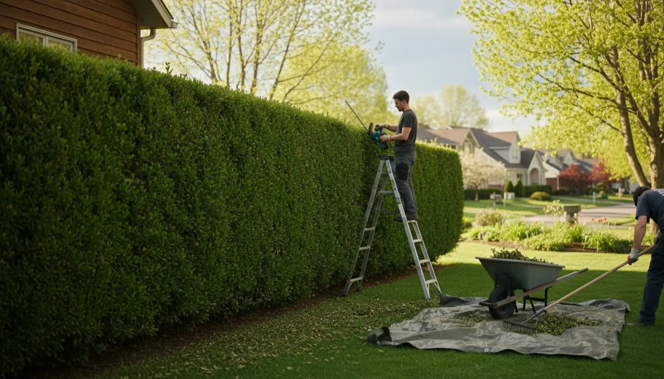 Person trimmer en lang hæk i maj/juni med stige og hækklipper, mens afklip samles i en trillebør.
