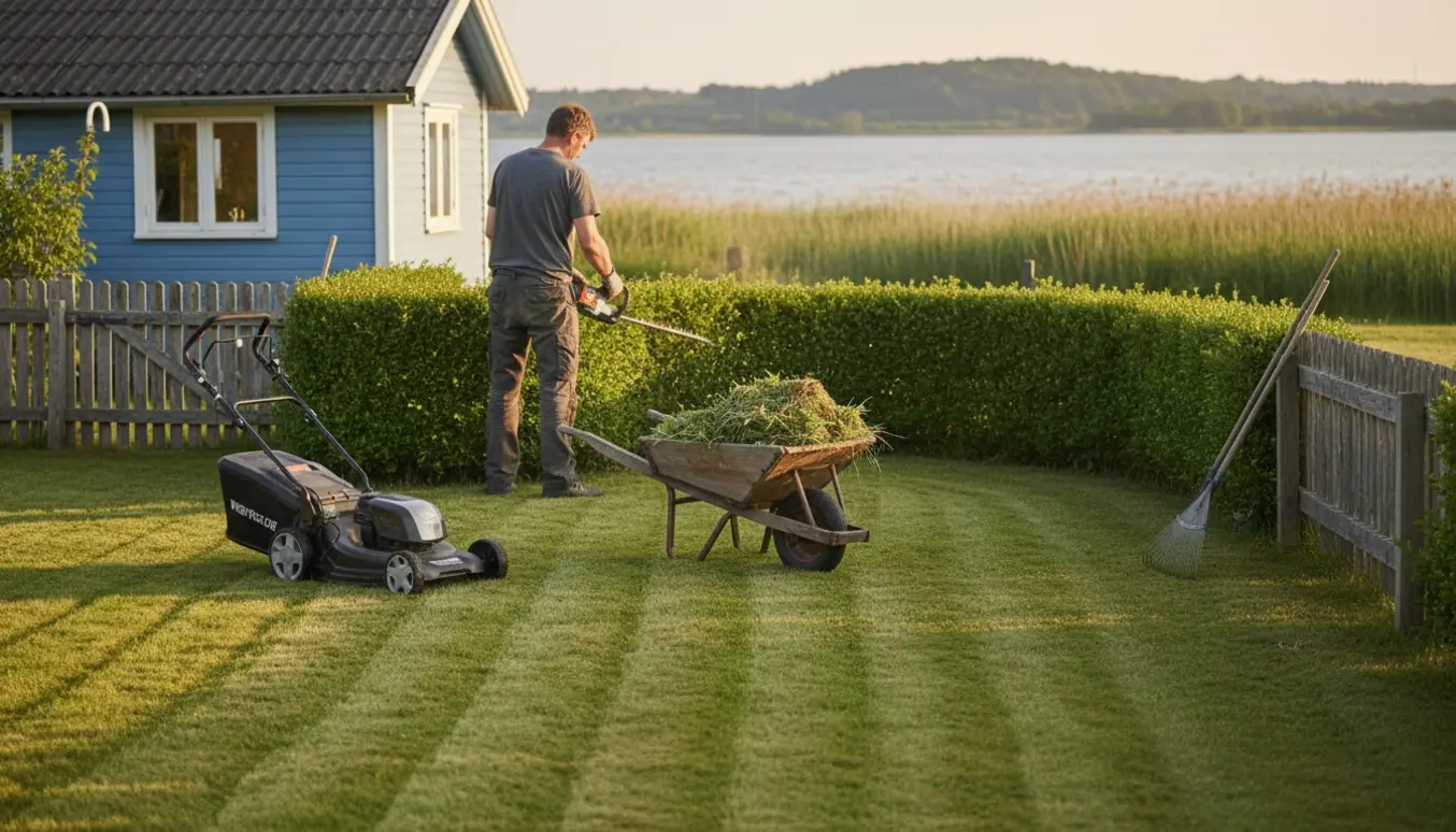 Sommerhusgrund ved fjorden med nyslået græs, hæktrimning og trillebør fuld af ukrudt.