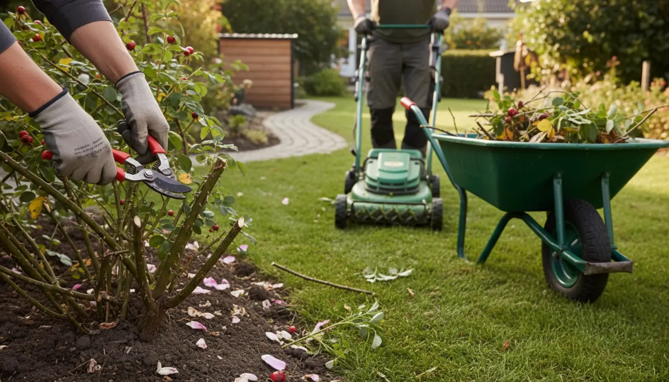 Nærbillede af havearbejde: klipning af hybenroser, haveaffald i en trillebør og nyslået græs.