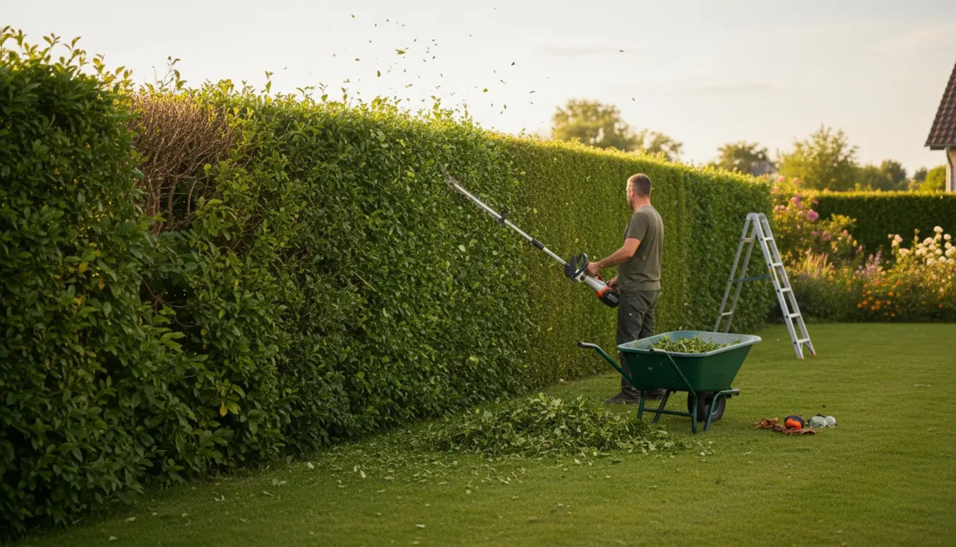 En havearbejder klipper en lang hæk med langskæresaks; ansigtet er ikke synligt.