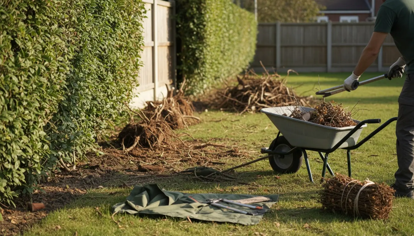 Havearbejde med fjernelse af hæk: handsker, grensaks, trillebør og bunke af afskårne buske i haven.
