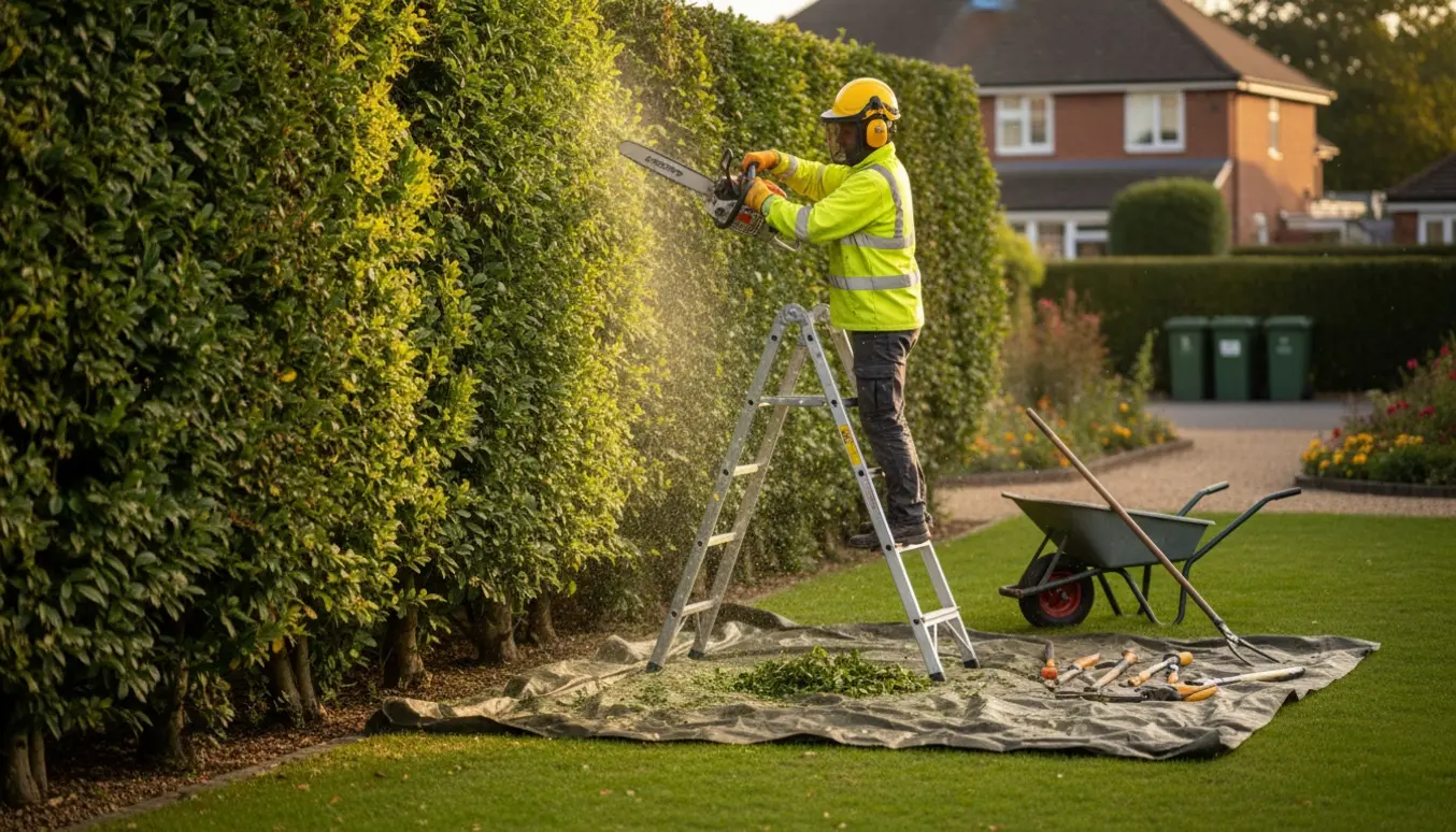 Person beskærer en høj bøgehæk med motorsav i haven, ansigt skjult af hjelm og visir.