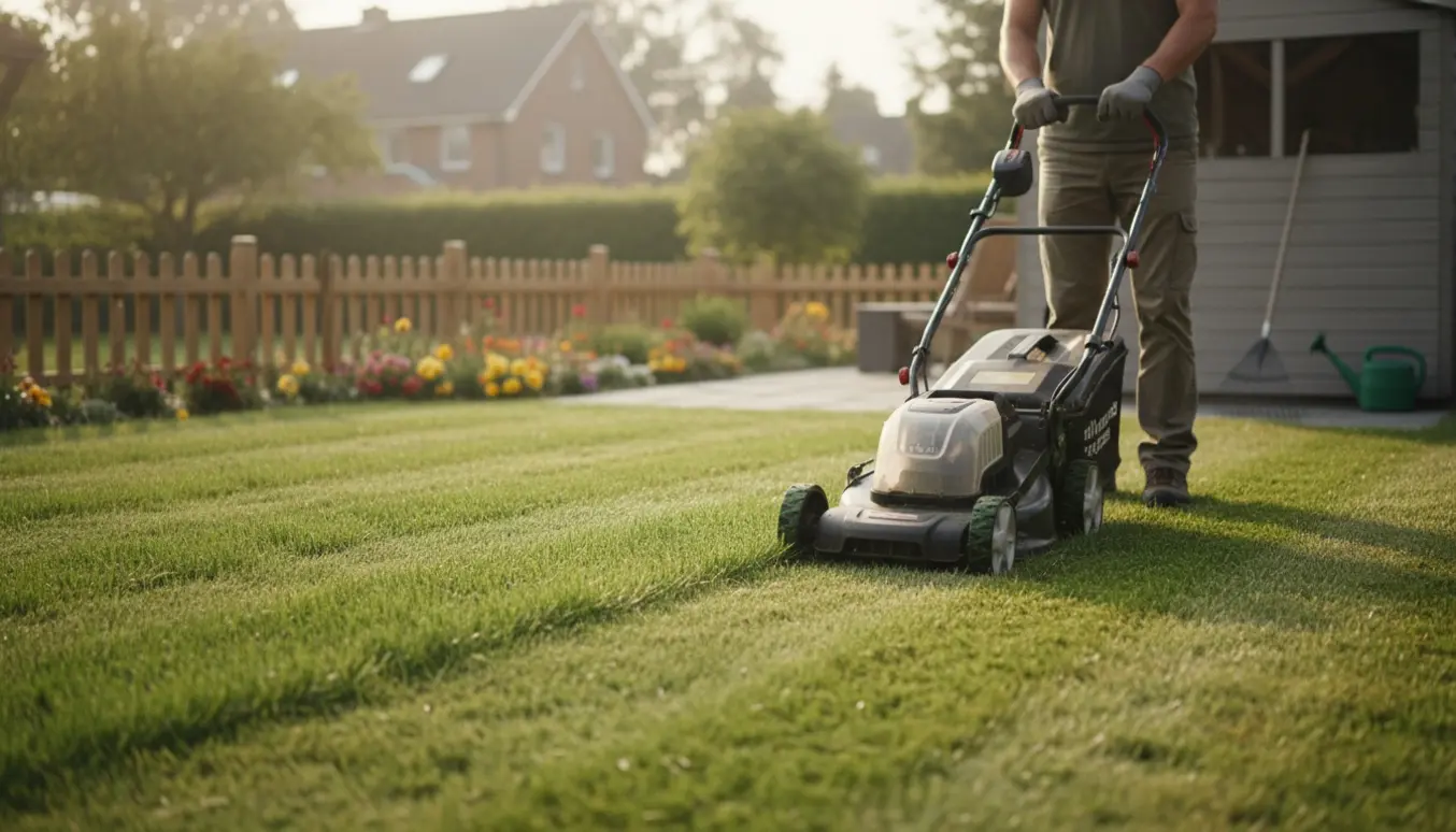 Elektrisk plæneklipper i aktion på en lille baghave med nyklippet og højt græs.