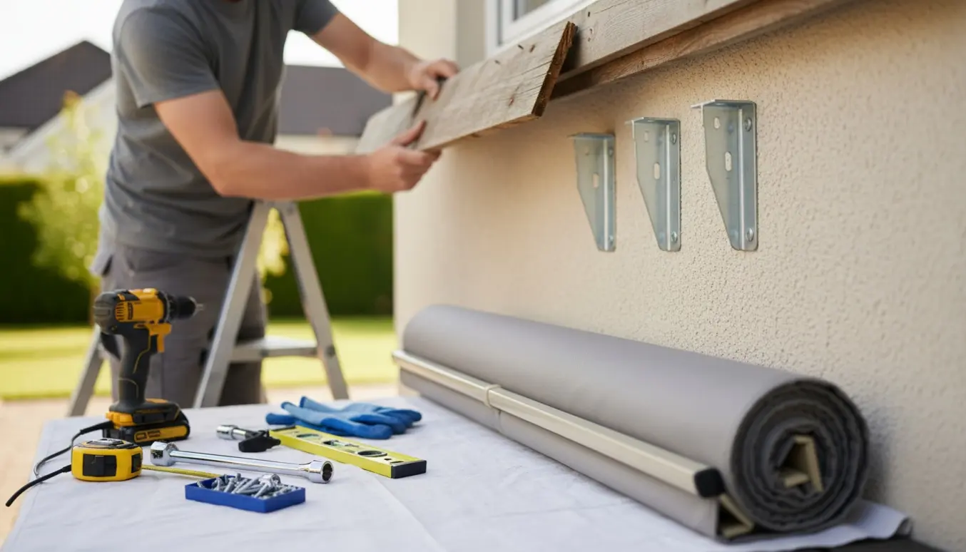 Montør fjerner udhængsbræt ved opsætning af manuel markise, med beslag og værktøj klar ved væggen.