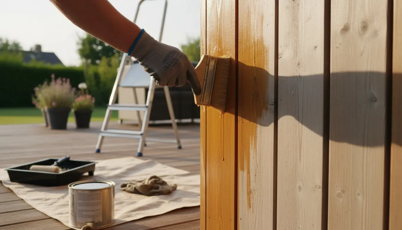 Hænder påfører træolie på lodrette terrassebrædder med våd, mørkere træflade ved siden af ubehandlet træ.
