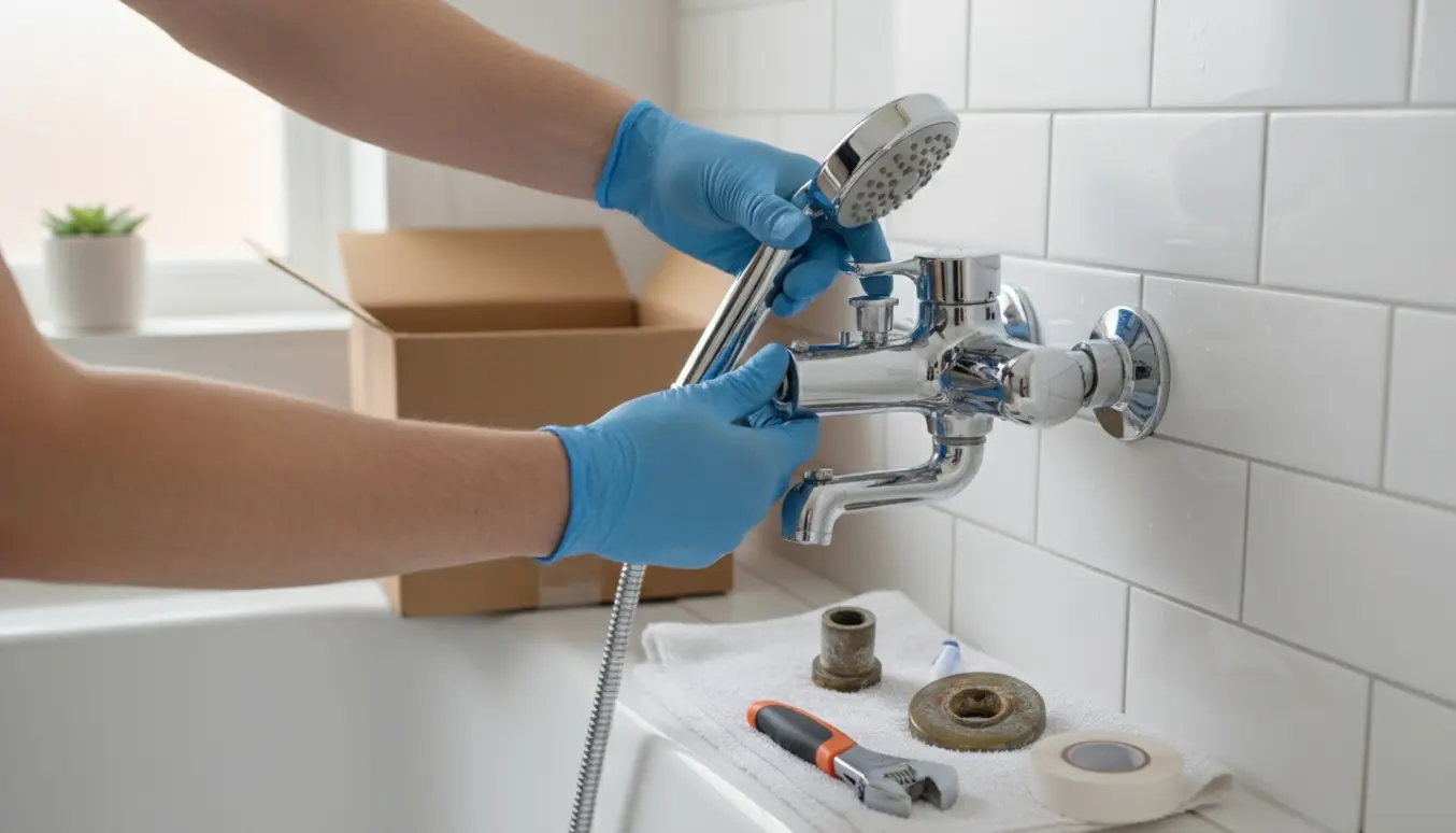 Hænder installerer et nyt krom brusearmatur mod hvide fliser med værktøj og det gamle armatur på kanten.