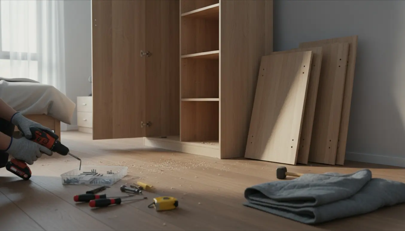 Delvist adskilt træklædeskab på soveværelsesgulv med værktøj og skruer samlet i en bakke.