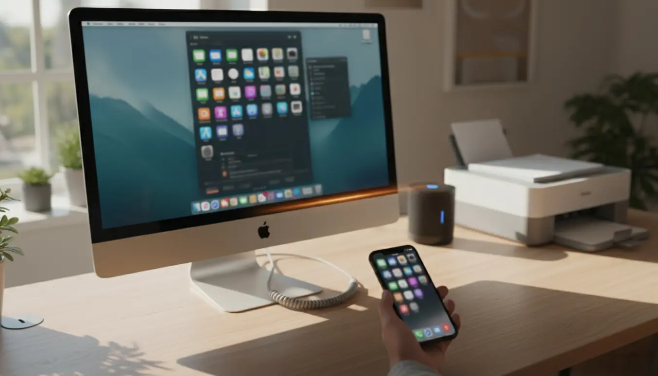 Hænder holder en iPhone ved siden af en iMac på et skrivebord, klar til opsætning og synkronisering med printer og router i baggrunden.