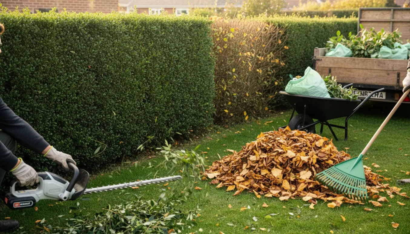 Handværkere klipper en lang hæk og samler blade sammen med trillebør og affaldssække klar til afhentning.
