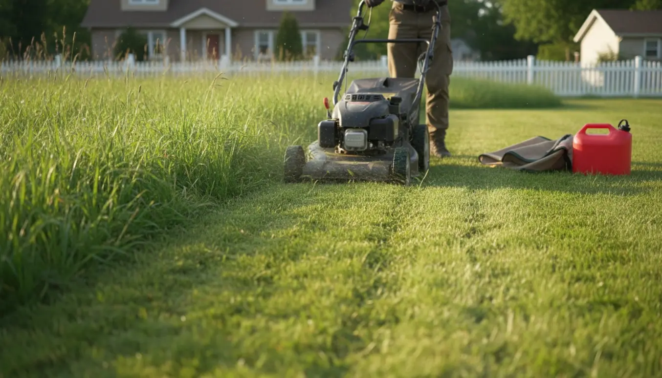 En græsslåmaskine klipper en høj, grøn plæne og efterlader en frisk nyklippet stribe.