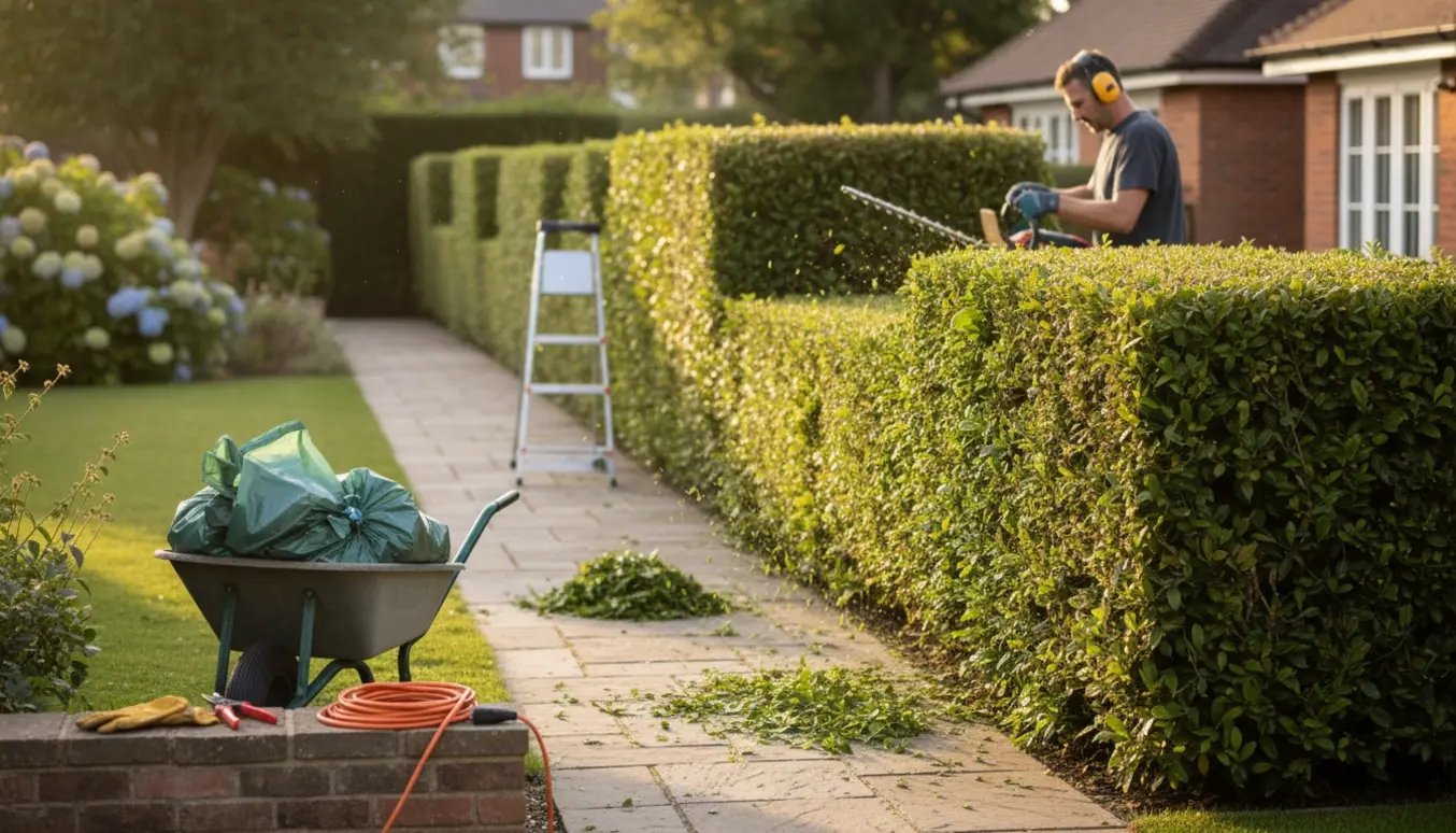 Person trimmer en lang hæk med elektrisk hækkeklipper mens afklip samles i trillebør og sække.