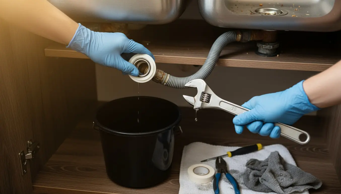To hænder udskifter køkkenafløbet under vasken med værktøj og en spand til vand.