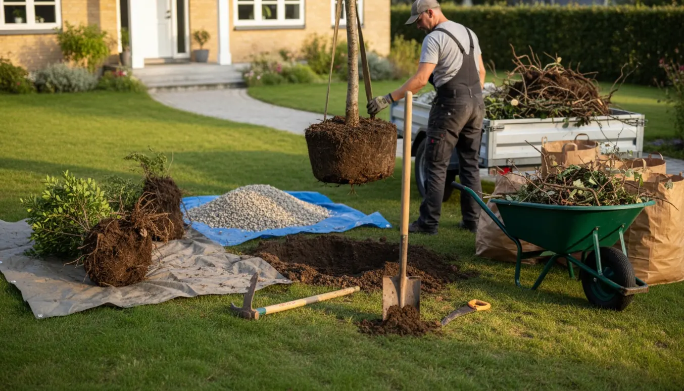 Forhave ved et parcelhus med en opgravet lille træstub, to uprootsede buske, værktøj og en bunke ærtesten klar til bortskaffelse.