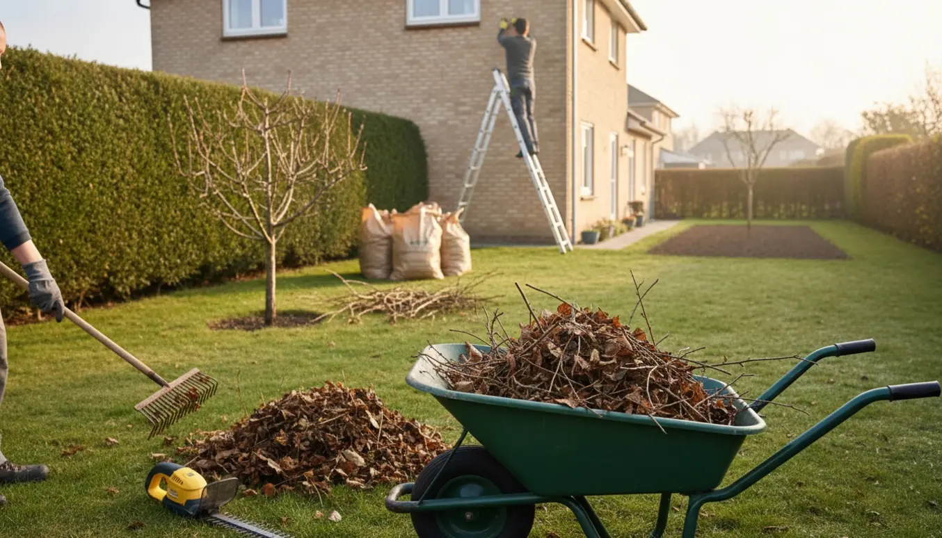 Trillebør med haveaffald, handske-klædte hænder river blade, beskårede buske og en stige ved huset til rensning af tagrender.