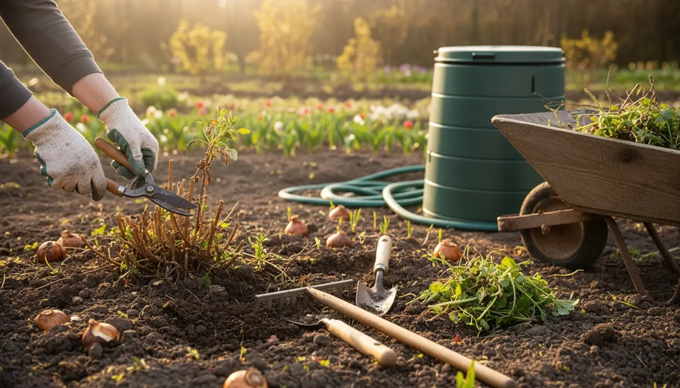 Handskerede hænder klipper og luger et stort forårsbed med haveredskaber og trillebør i baggrunden.