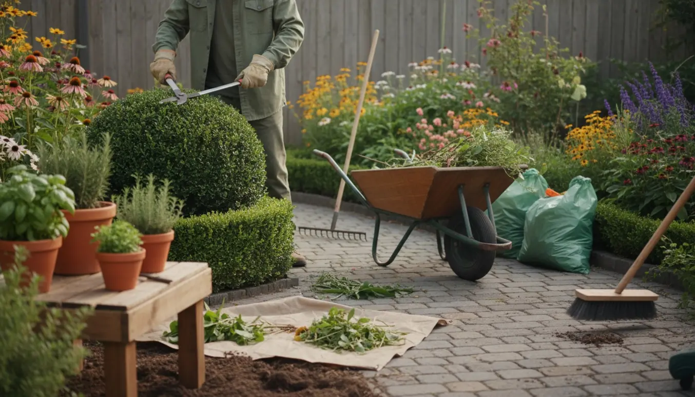 En person med ryggen til beskærer hæk og fjerner ukrudt i en solrig baghave med rive, kost og skottel.