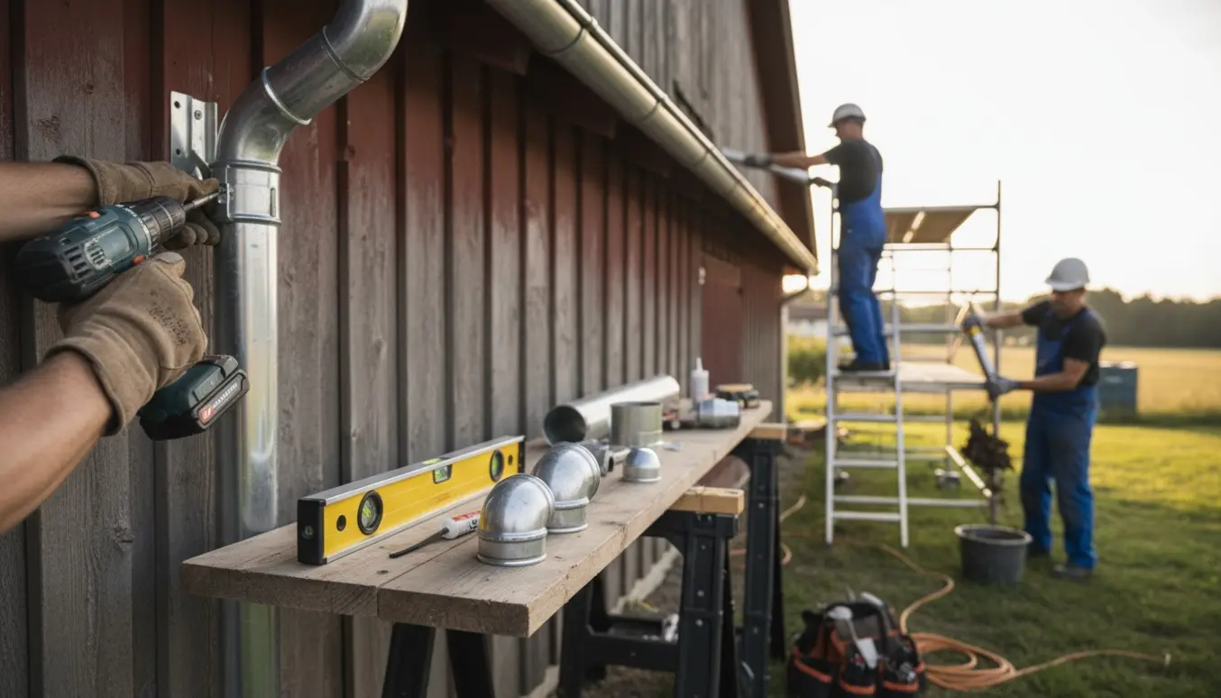 Udvendig lade hvor nedløbsrør monteres og renses, hænder med værktøj, stige og stillads synlige.