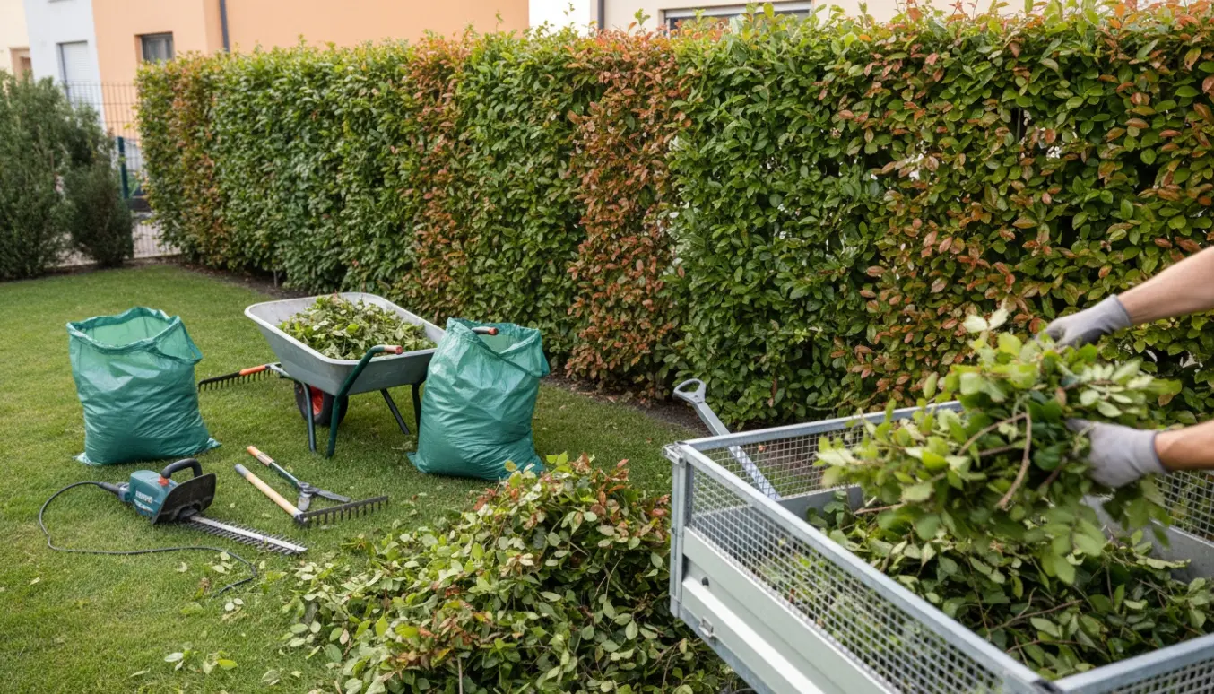 Afklippet bøgehæk med bunke af afklip og haveredskaber klar til bortkørsel i en lille have.