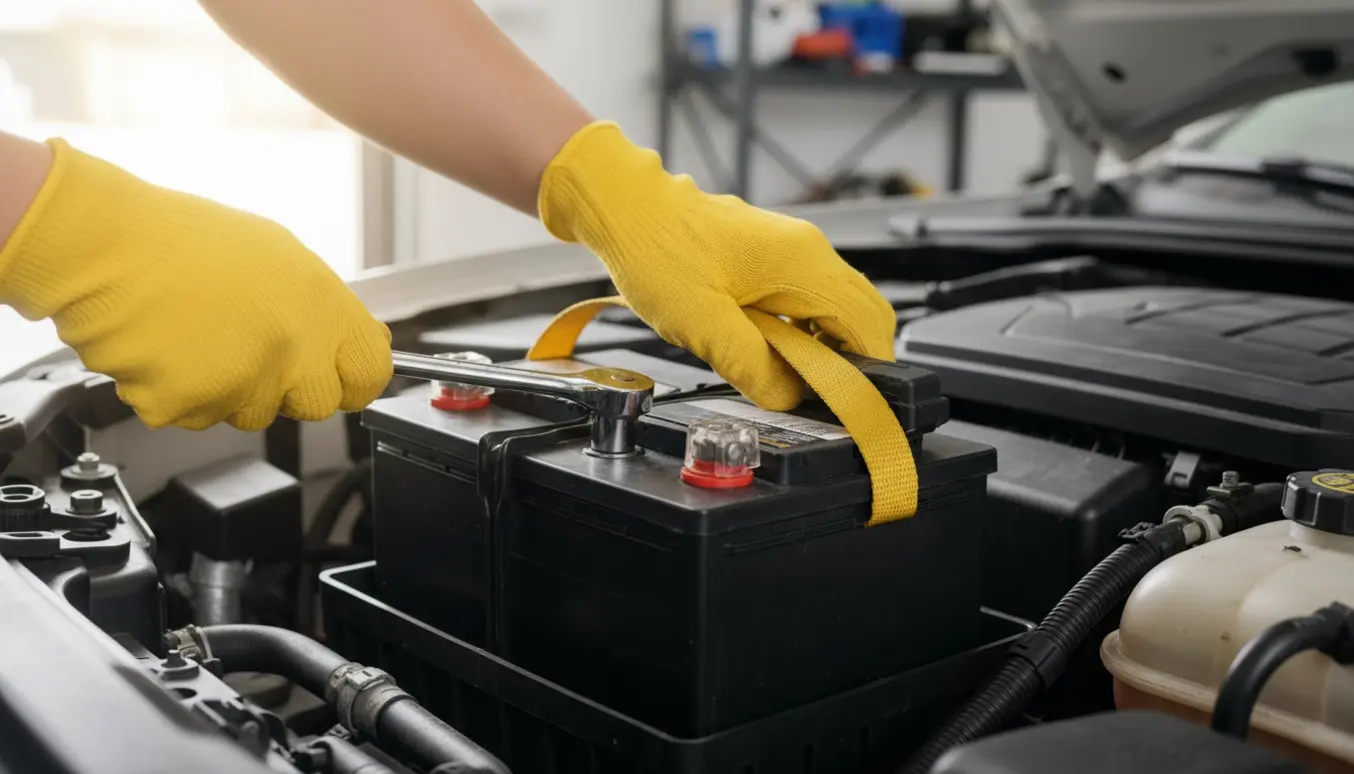 Nærbillede af handskerede hænder, der monterer et nyt uidentificeret bilbatteri under åben motorhjelm.