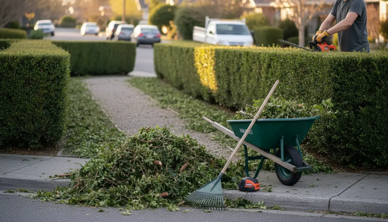 Nyklippede hække og bunker af hækafklip samlet ved vejkanten klar til afhentning.