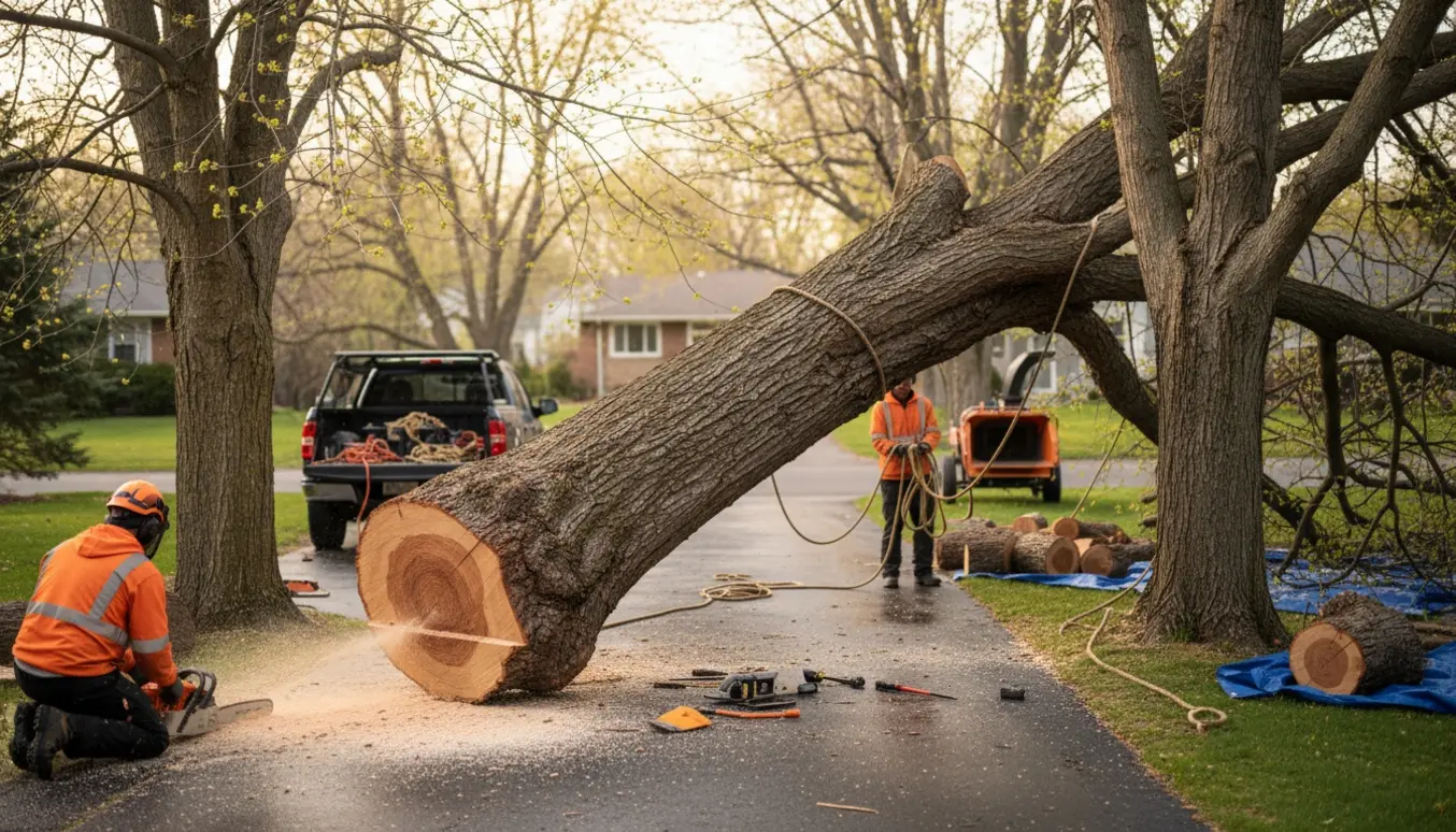 Stormvæltet træ ligger skråt over indkørslen, mens arbejdere skærer og stabler afkortede stammer.