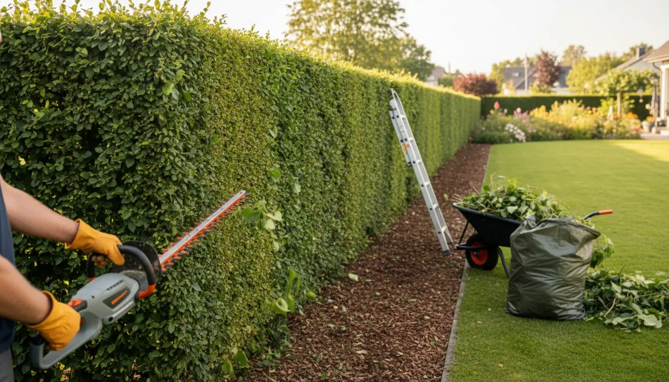 Lindehæk bliver klippet tilbage og toppet med hækkeklipper, med bunker af afklip klar til bortkørsel.