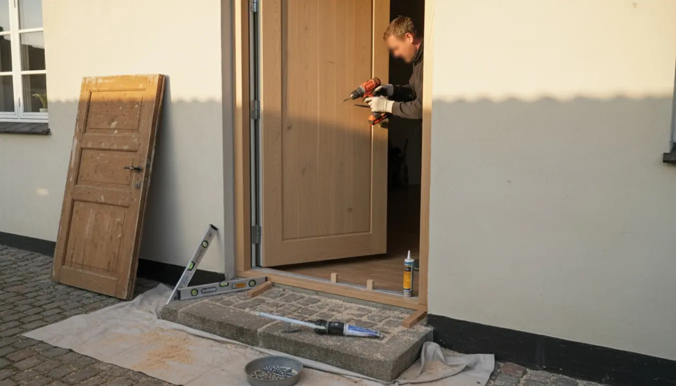 Ny træ/alu-yderdør monteres i indgangspartiet på et etplanshus i Dragør.