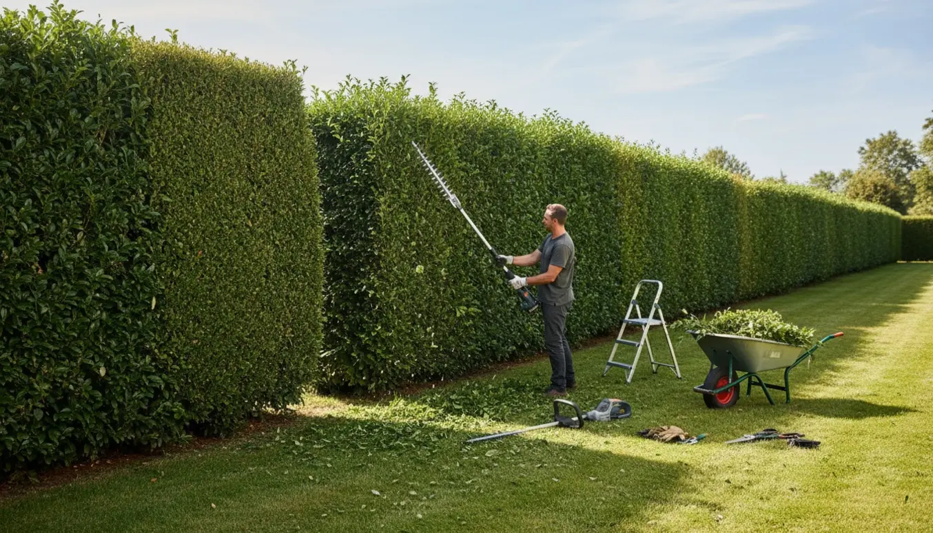 Lang hække, hvor en person klipper med en langskaftet hækkeklipper, med nyligt klippede sektioner og strækning klippet i kun én side.